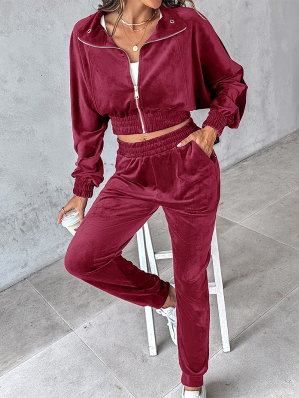 New solid color leisure sports gold velvet long-sleeved pants suit-Shello's Creative Boutique