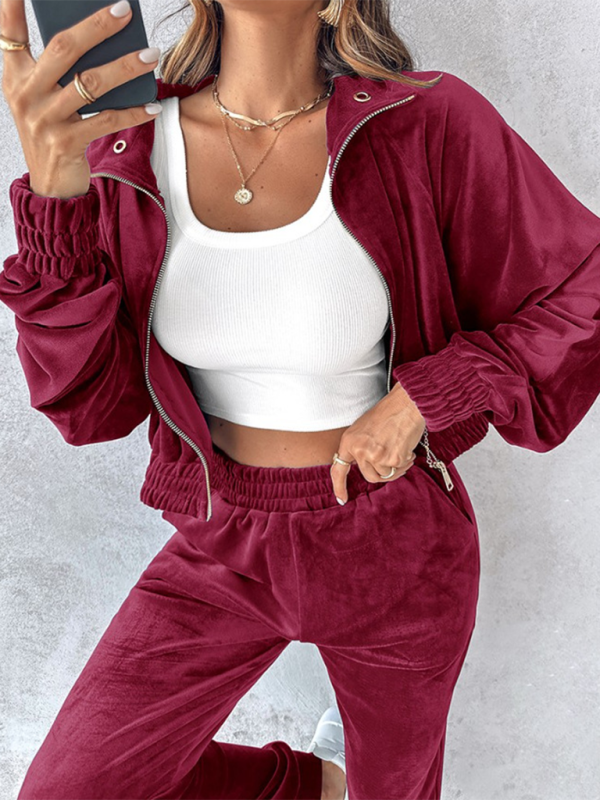 New solid color leisure sports gold velvet long-sleeved pants suit-Shello's Creative Boutique