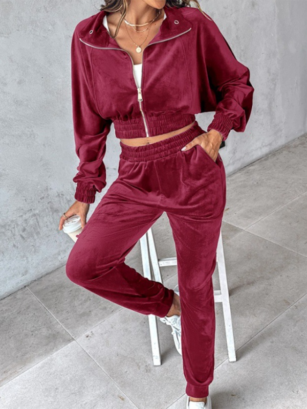New solid color leisure sports gold velvet long-sleeved pants suit-Shello's Creative Boutique