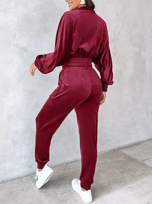 New Solid Colour Leisure Sports Suit in Gold Velvet with Long Sleeves - Shello's Creative Boutique