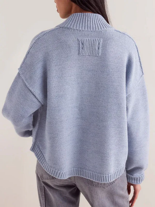 Women's Knit Cardigan Sweater with Standing Collar in Solid Color - Shello's Creative Boutique