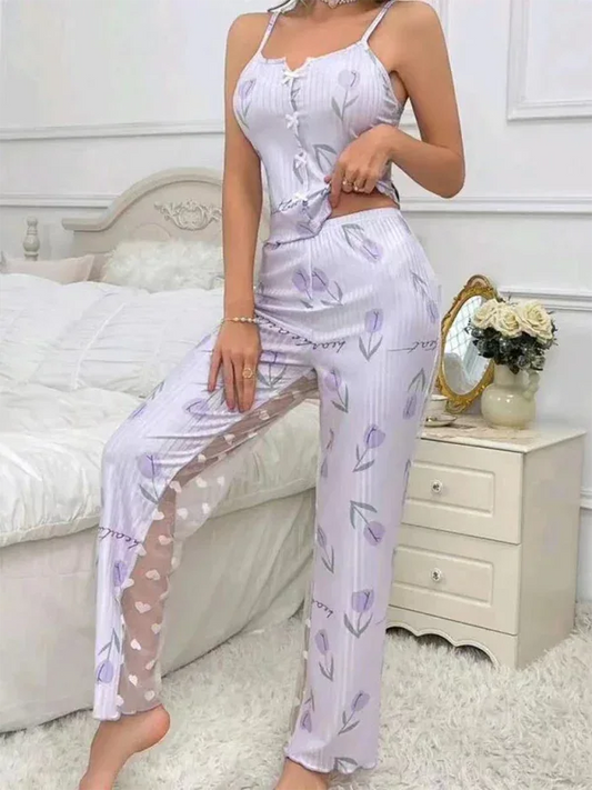 New Home Printing Pajama Set - Color Collision Splicing Mesh Front Open Sling Home Wear - Shello's Creative Boutique