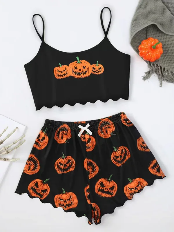 Halloween Pumpkin Pajama Set - Sleeveless Camisole Top and Shorts Homewear - Shello's Creative Boutique