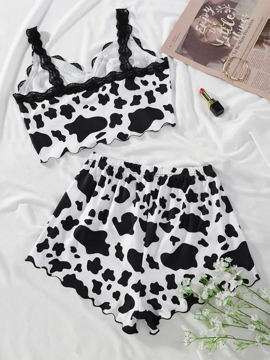 Cow Print Loungewear Set - Lace Camisole Top and Matching Shorts for Ultimate Comfort - Shello's Creative Boutique