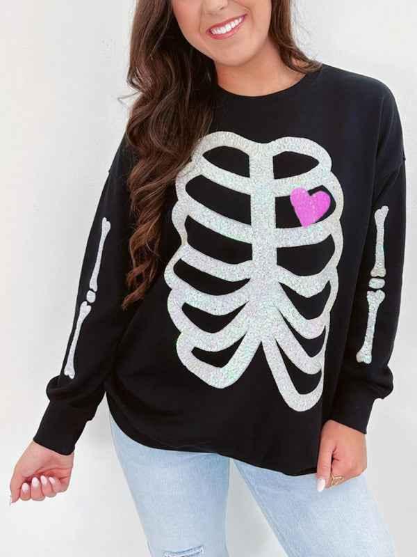Halloween Skeleton Sweatshirt Long Sleeve Pullover Sequin Top - Shello's Creative Boutique