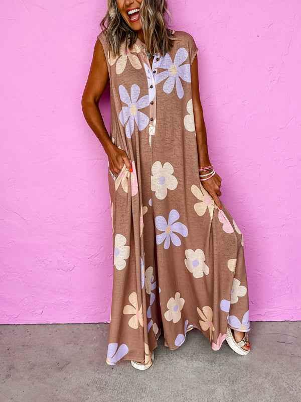 Floral Tie Jumpsuit – Effortless Elegance with Round Neck and Wide Leg Design - Shello's Creative Boutique