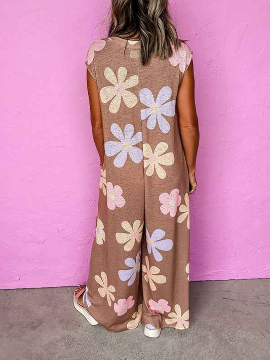 Floral Tie Button Round Neck Wide Leg Jumpsuit – Effortless Elegance for Everyday Wear