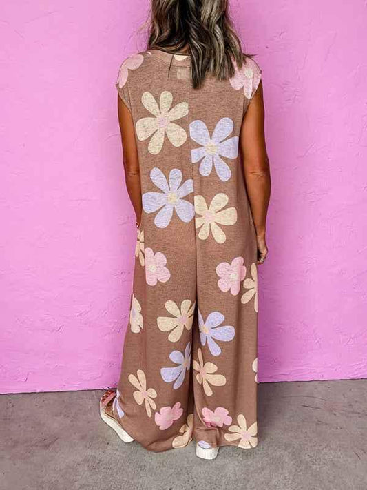 Floral Tie Jumpsuit – Effortless Elegance with Round Neck and Wide Leg Design - Shello's Creative Boutique