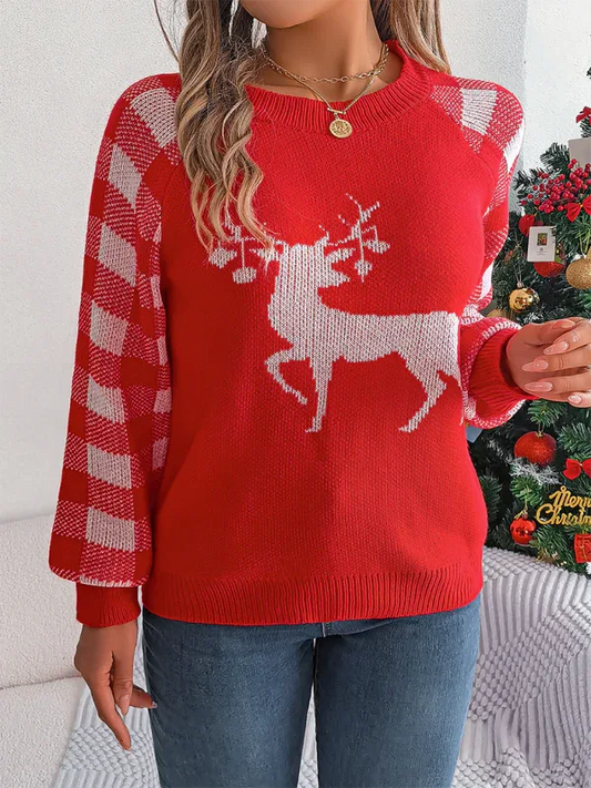 Casual Plaid Deer Sweater Long Sleeve Pullover for Christmas - Shello's Creative Boutique
