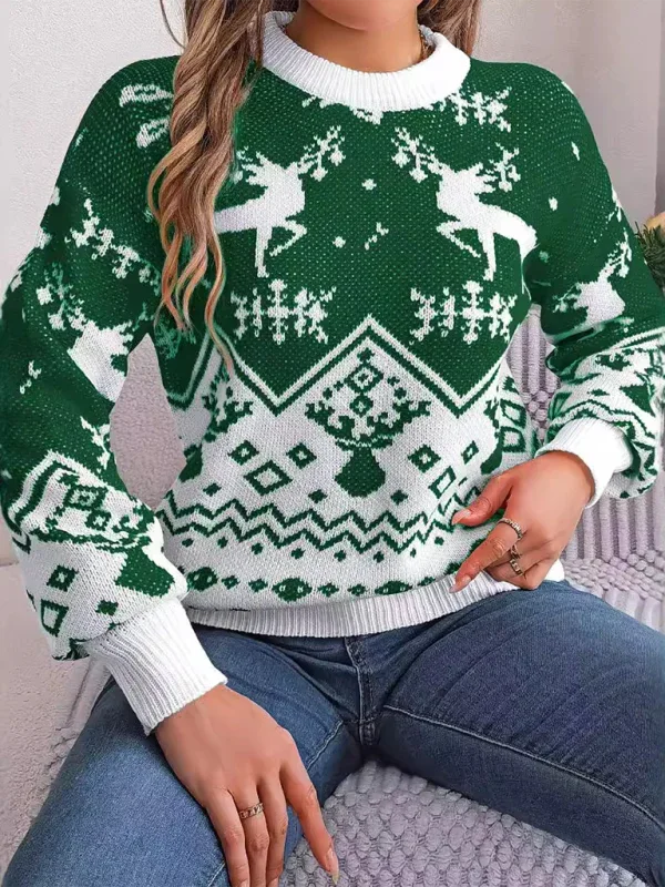 Casual Christmas Pullover with Deer Pattern Long Sleeves for Festive Style - Shello's Creative Boutique