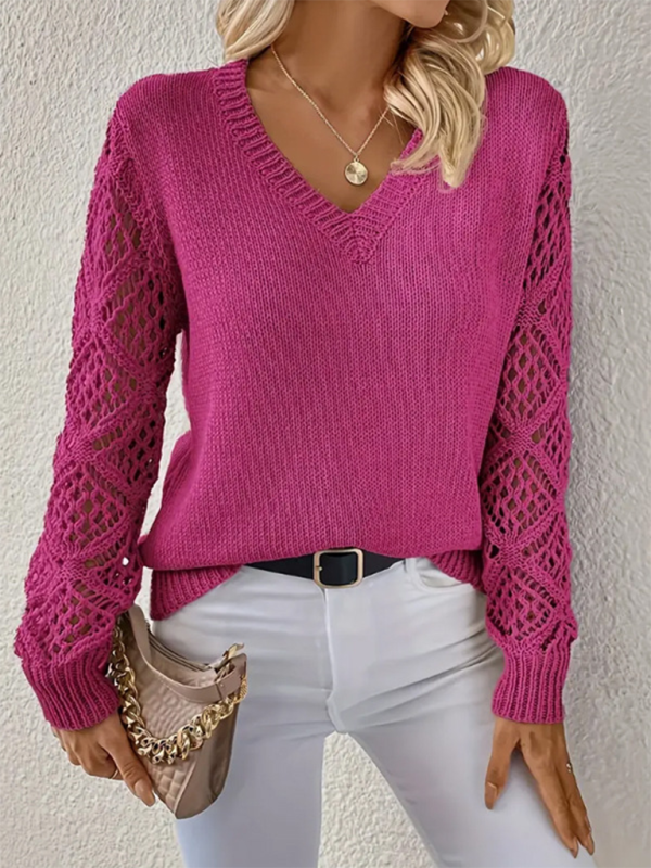 Women's Temperament V-neck Hollow Long Sleeve Solid Color Casual Top Shello's Creative Boutique