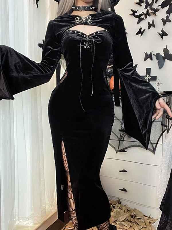Halloween New Hooded Flare Sleeve Spider Web Dress - Shello's Creative Boutique