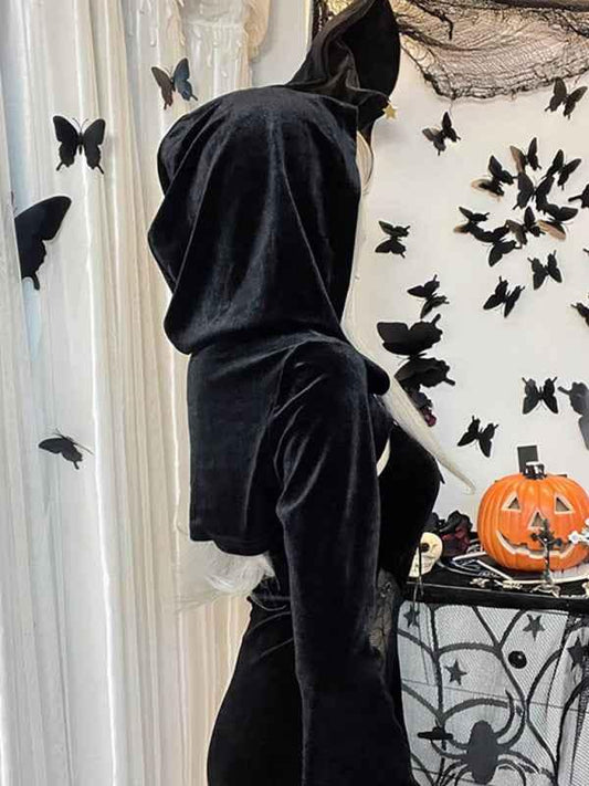 Halloween New Hooded Flare Sleeve Spider Web Dress - Shello's Creative Boutique