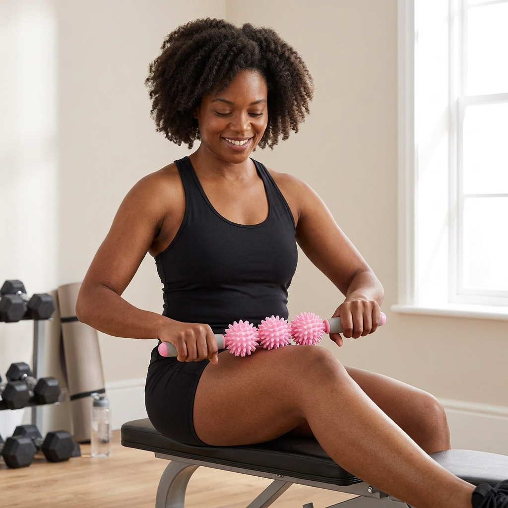 Black woman using a pink triple spiky ball massage stick on her thigh