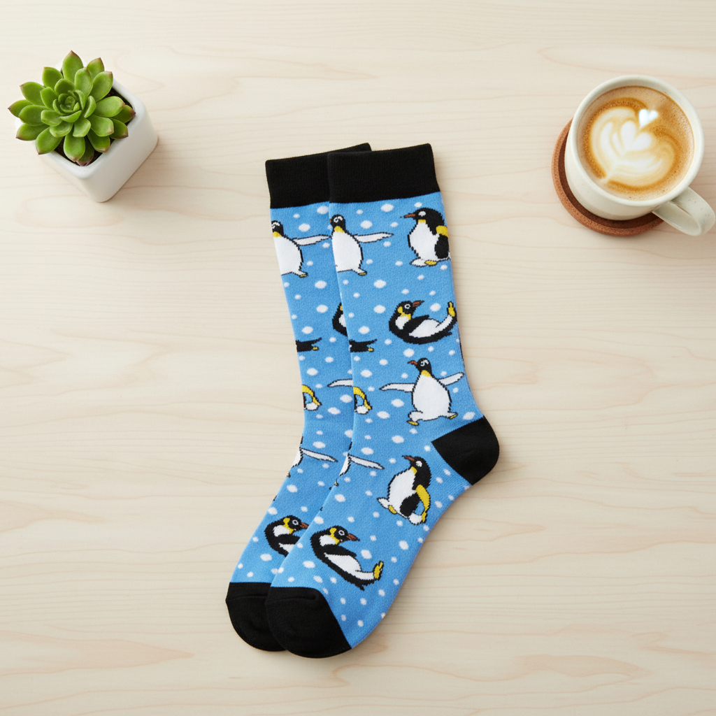 Cute Penguin Mid-Calf Socks flat lay lifestyle