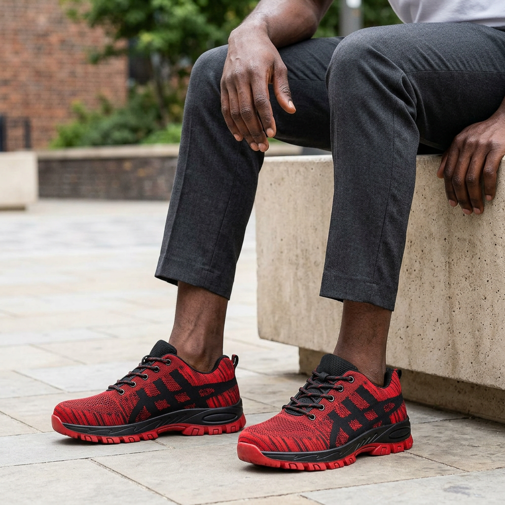 Black male model wearing red and black lace-up shoes