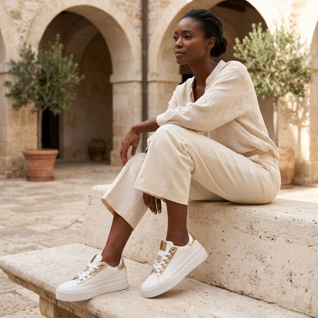 Black female model wearing white and metallic gold lace-up platform trainers with sparkling lace ornaments