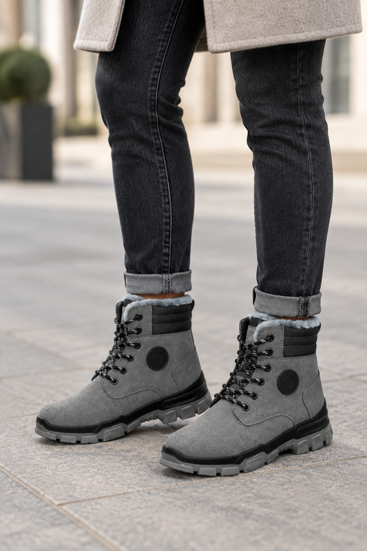 Lifestyle image of a woman wearing the grey high-top boots