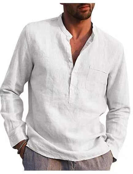 Men Four Seasons Leisure Long Sleeve Woven Flax Shirt Shello Creative Boutique