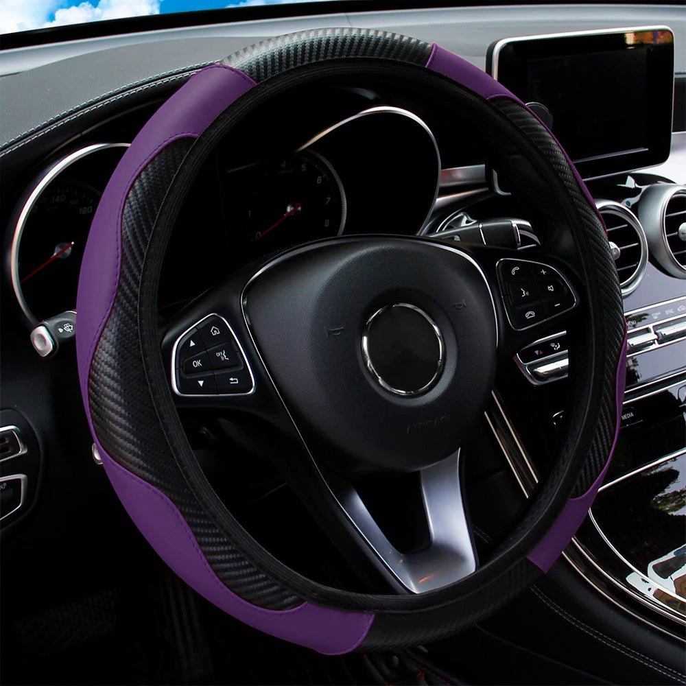 PU Carbon Fiber Leather Car Steering Wheel Cover - 14.5 - 15 Inches - Shello's Creative Boutique