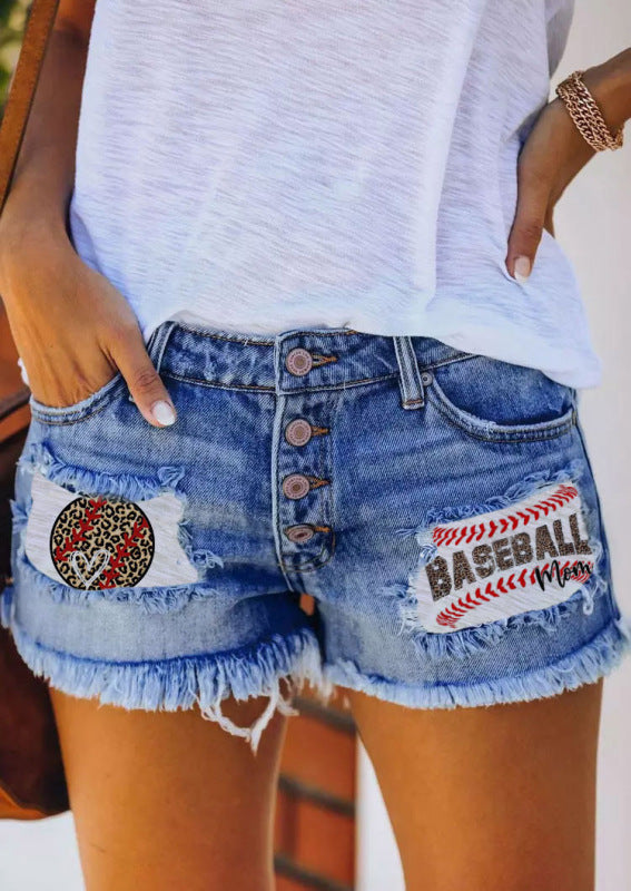 Button-breasted printed patch denim shorts with ripped fringed hot pants Shello Creative Boutique