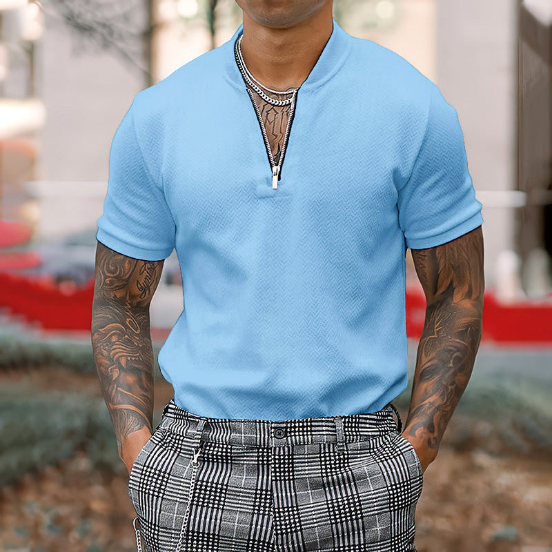 Men's Solid Color Zipper Stand Collar Casual Short Sleeve T-Shirt Shello's Creative Boutique