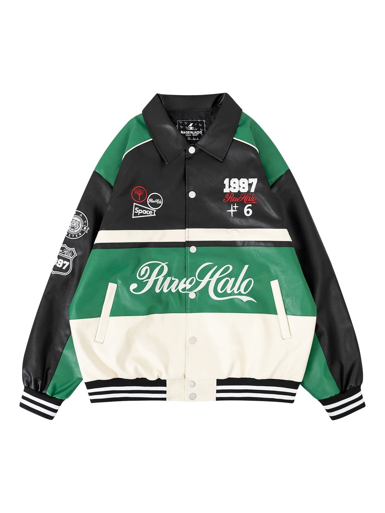 Women's Faux Leather Motorcycle Bomber Jacket – Colour Block Embroidery, Plus Size - Shello's Creative Boutique