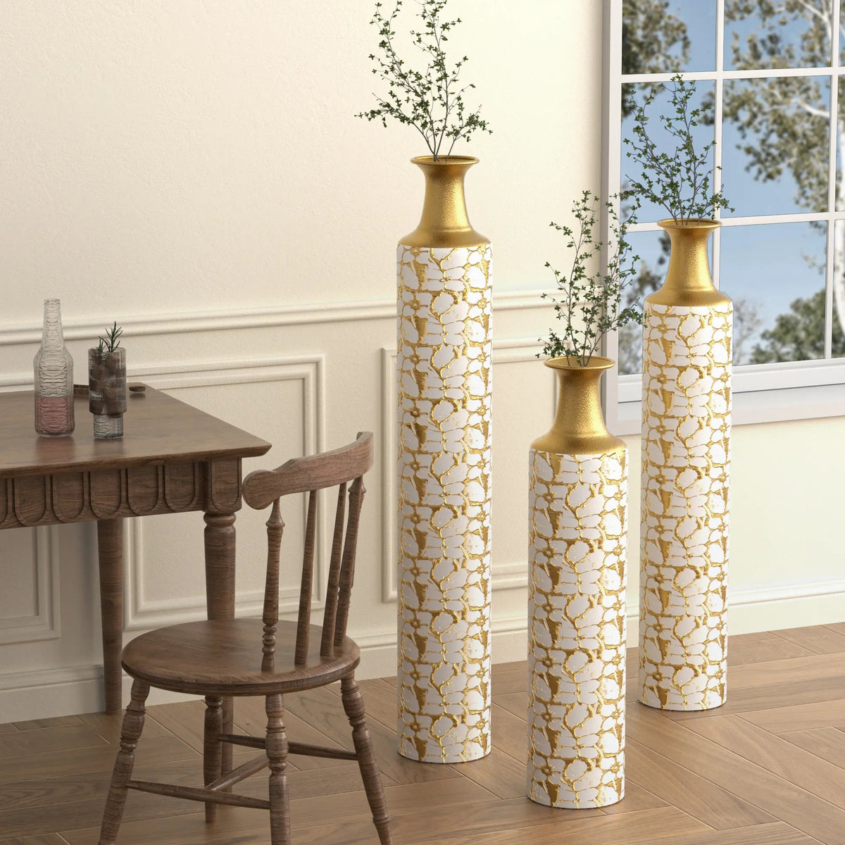 Floor Standing Golden Large Vase Set – Vintage Elegance for Any Space - Shello's Creative Boutique