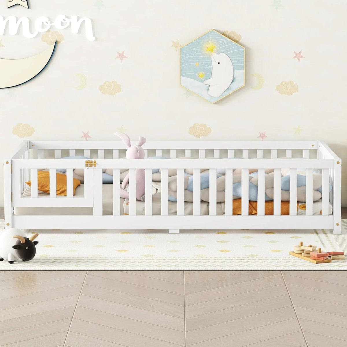 Twin Size Bed Floor Bed with Safety Guardrails and Door for Kids, White - Shello's Creative Boutique