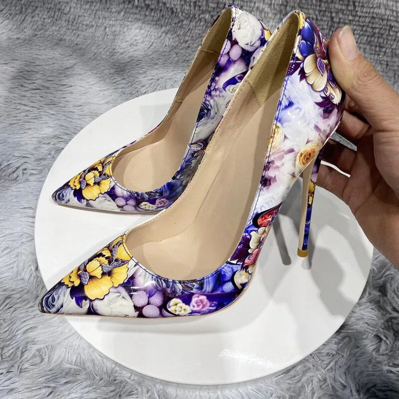 Veowalk Flowers Paiting Print Women Glossy Pointy Toe Stiletto Pumps Chic Designer Ladies Slip On High Heel Shoes for Party - Shello's Creative Boutique