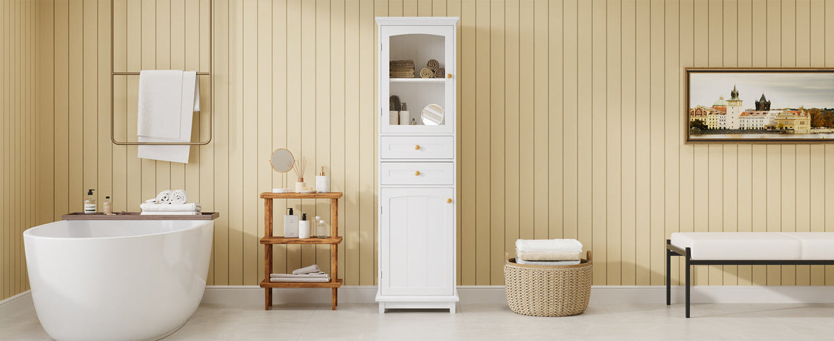 High bathroom storage cabinet with glass door, freestanding, two drawers and adjustable shelves, MDF board, painted white eprolo
