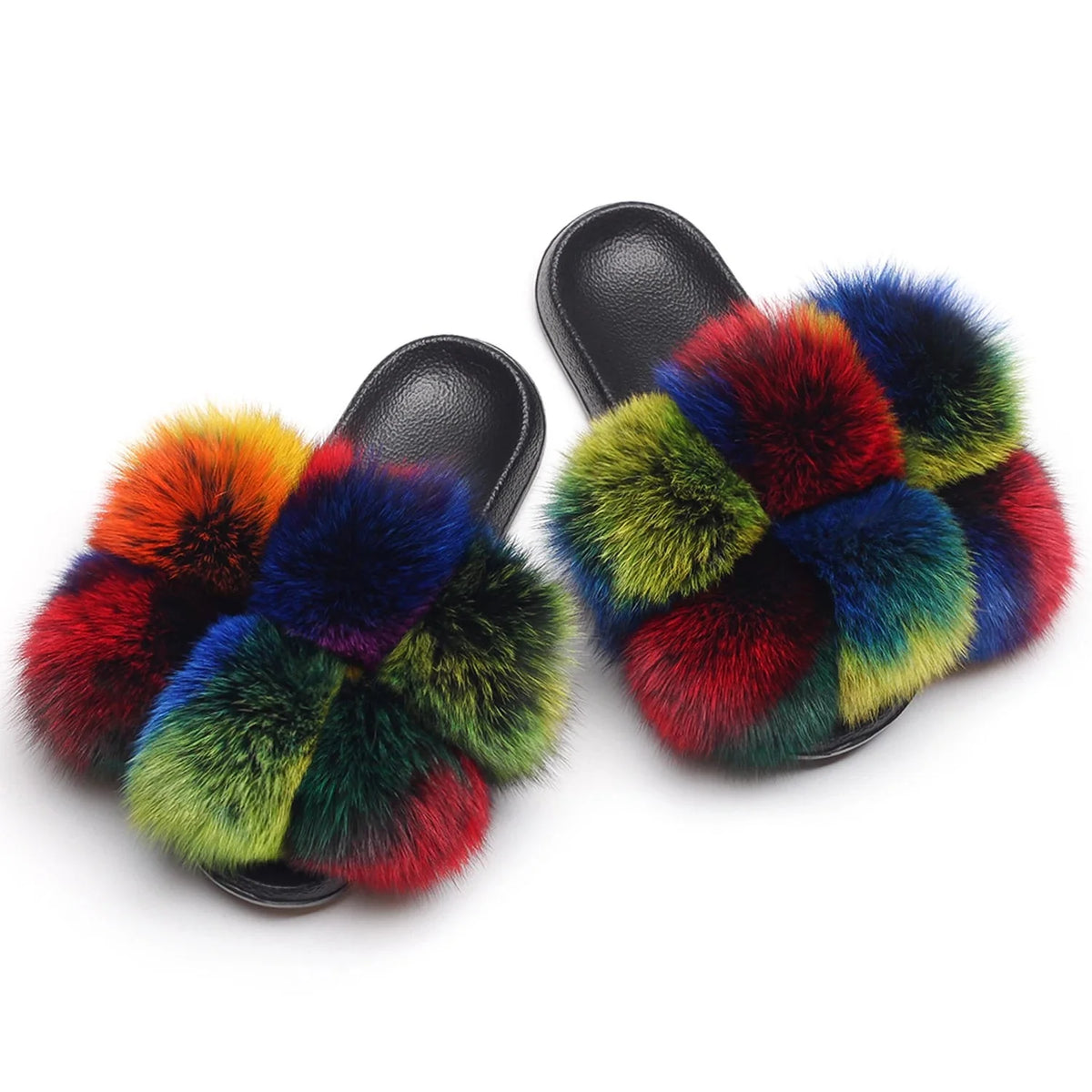Women's Real Fox Raccoon Fur Slippers - Fluffy Pom Pom Slides Beach Sandals - Shello's Creative Boutique