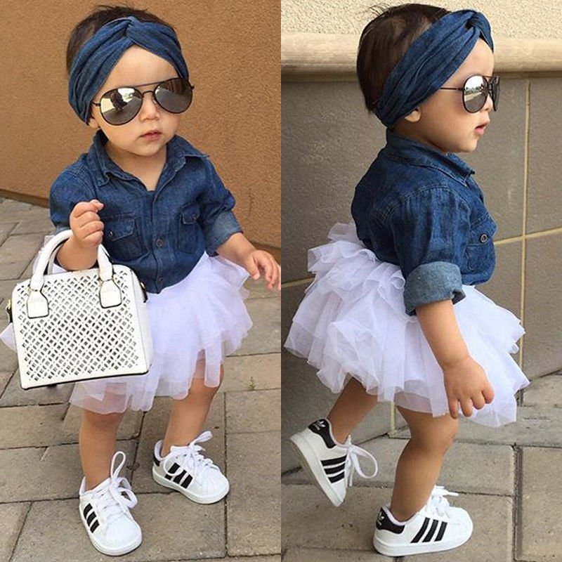 0 - 5T Babies Girl Summer Clothing Set Baby Girls Denim Shirt Top +Tutu Skirts+Headband 3pcs Outfits Sets - Shello's Creative Boutique