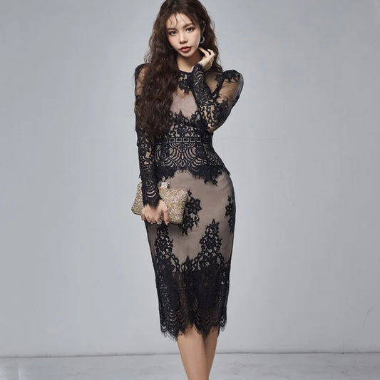 Autumn New Celebrity Style Perspective Lace Shirt Top Slim Fit Wrap Hip Skirt Two piece Set for Women - Shello's Creative Boutique