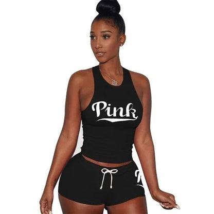 Letters Print Tank Top Shorts Two Piece Set Round Neck Sexy Sleeveless Women Outfits Summer Sporting 2 Piece Set - Shello's Creative Boutique