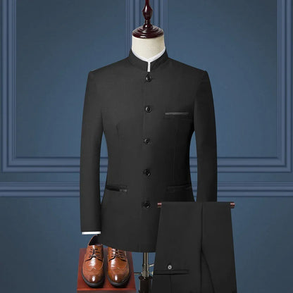 Mens Suits Set (Jacket+Pants+Vest) Stand Collar Chinese Style Slim Fit Suits 3 Piece Wedding Men Clothing - Shello's Creative Boutique