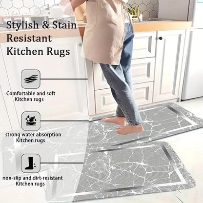 2/3 Piece Marble Design Kitchen Mat Set - Non-Slip Machine Washable Flannel Rugs with Rubber Backing - Shello's Creative Boutique