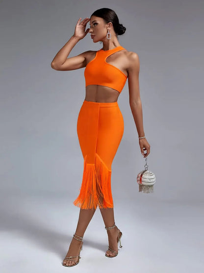 Bandage Two Piece Set Top and Skirt Women Elegant Sexy Fringed Orange 2 Piece Set Birthday Evening Party Club Outfits Summer - Shello's Creative Boutique