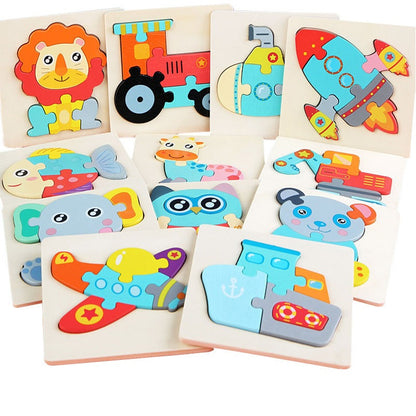 Wooden Small Puzzle Young Children Early Education Puzzle Card Buckle Three-Dimensional Animal Cartoon Shape Matching Puzzle Board Toys eprolo