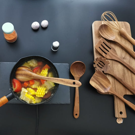 Teak 7-Piece Kitchenware Set Kitchen Utensils Shovel Pot Rice Spoon Set Leaky Spoon Egg Beater Kitchenware Set eprolo