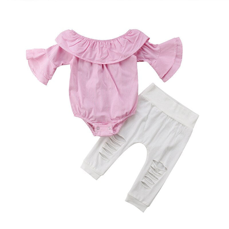 2PCS Baby Girls Clothing Set Girls Off Shoulder Romper +White Ripped Jeans Pants Infant Pink Outfits Newborn Clothes Sets eprolo