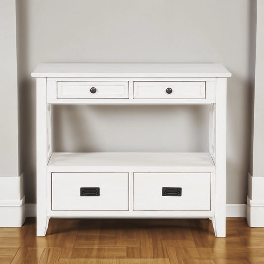 36'' Farmhouse Pine Wood Console Table Entry Sofa Table with 4 Drawers & 1 Storage Shelf (Antique White) - Shello's Creative Boutique