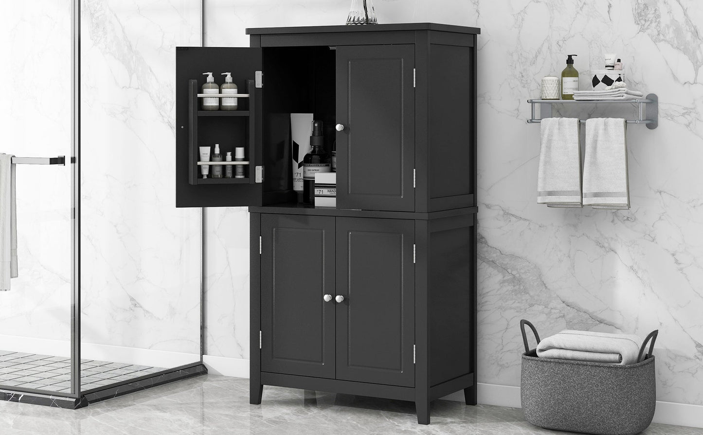 Bathroom floor storage cabinet, bathroom storage cabinet, 4-door independent cabinet, adjustable shelf, adaptive shelf, black eprolo