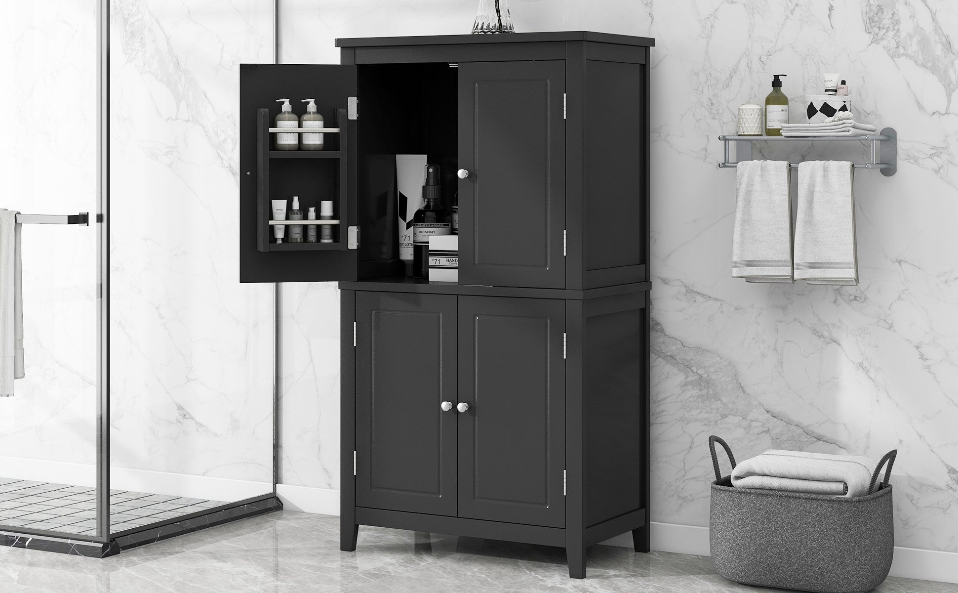 Bathroom floor storage cabinet, bathroom storage cabinet, 4-door independent cabinet, adjustable shelf, adaptive shelf, black eprolo