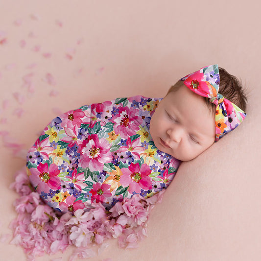 Newborn Photography Wrap Bow Hair Band Wrap Towel Set Baby Flower Blanket 2 Piece Set eprolo