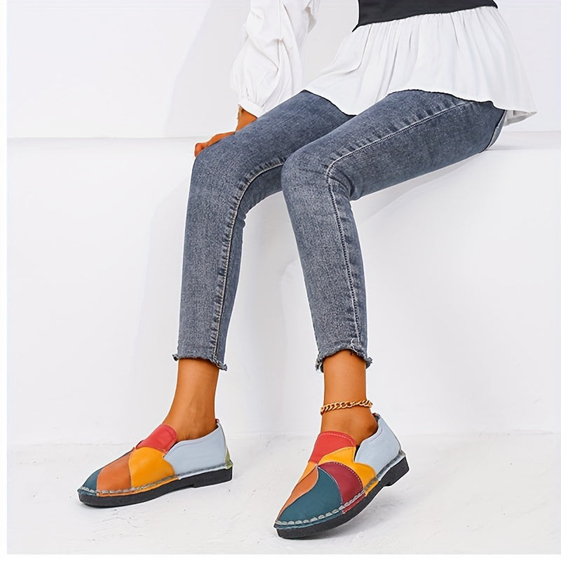 Women's Colorblock Flat Loafers, Fashion Round Toe Soft Sole Slip On Faux Leather Shoes, Casual Walking Anti-skid Shoes Shello's Creative Boutique