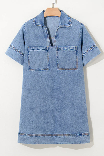 Denim Mini Dress - Women's Short Sleeve Collared Shirt Dress - Shello's Creative Boutique