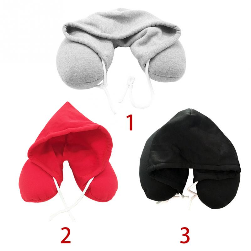 Adults Portable Solid U shaped Pillow Drawstring Microbeads soft Hooded Neck pillow for Trave
