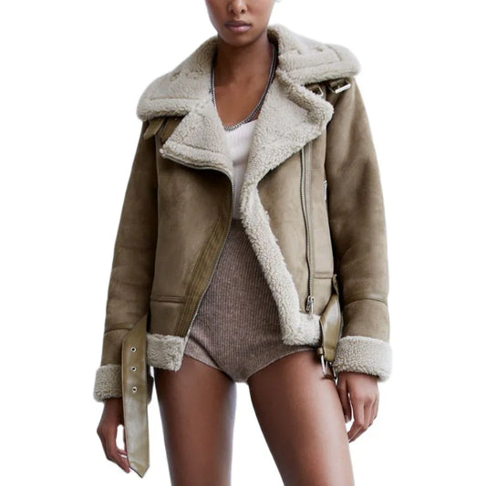 Winter Women Faux Shearling Sheepskin Leather Fur Jackets Lady Thick Warm Suede Lambs Wool Short Motorcycle Brown Coats - Shello's Creative Boutique