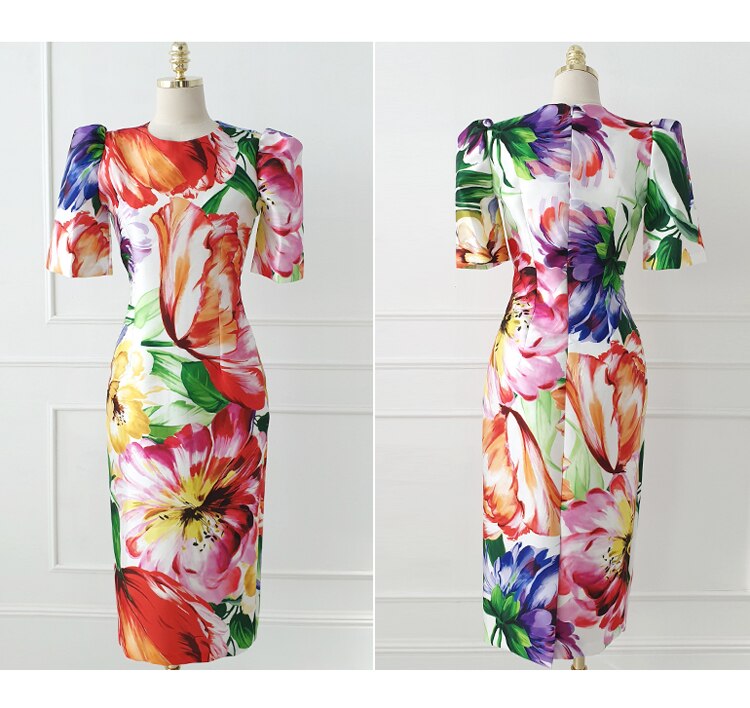 Tingfly Women Vintage Elegant Aesthetic Flower Print Slim Bodycon Midi Party Night Dresses Casual Office Lady Work Elbise Wear